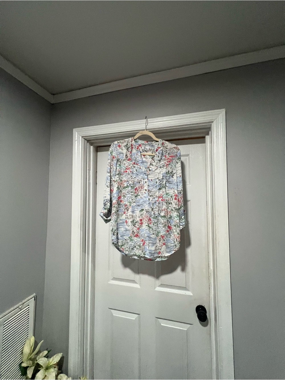Kim Rogers Floral Button-Front Tunic - White with Pink & Green